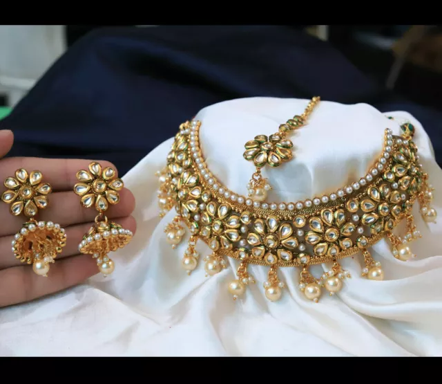 Gargantilla de perlas chapada en oro indio, collar y arete Tikka, conjunto...