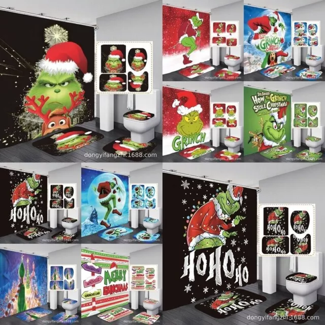 4Pcs/Set Christmas Shower Curtain Set How The Grinch Stole Christmas Bathroom