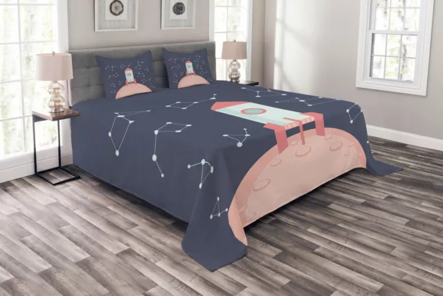 Outer Space Bedspread Funny Rocket on Planet