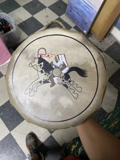 Native American Double Sided Hand Painted Leather & Wood Drum