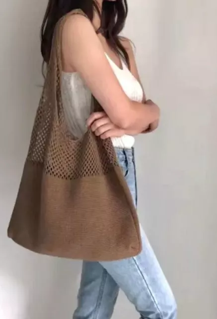 15"x13.5" Cotton Stretch Boho Crochet Brown Sling Tote Bag Handbag Purse New