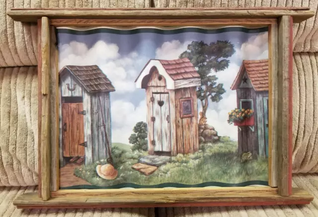 Outhouse Wavy Picture Rustic Red Barn Wood Frame, Hand Crafted Farmhouse Decor