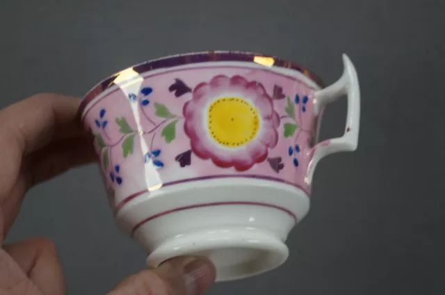 British Hand Painted Pink Luster Yellow Blue Floral Tea Cup & Saucer C1830-1840s 3