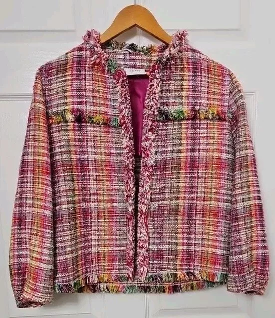 AKRIS Punto Plaid Multicolor Pink Red Fringe Trim Jacket Size 8