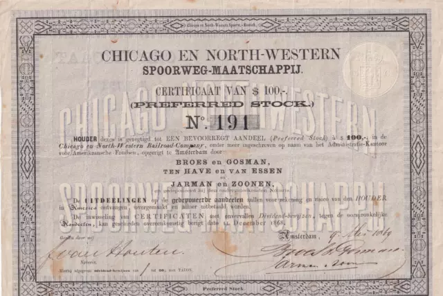 1869 CNW Chicago North Western Railway - Dutch issued stock certificate