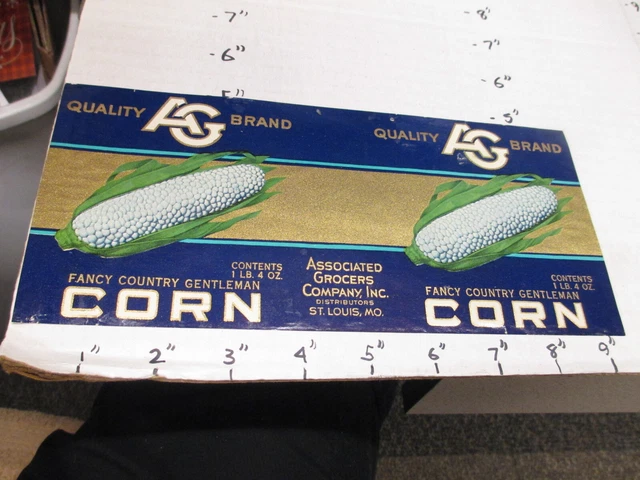 AG Associated Grocer CORN country gentleman 1930s metal tin can food paper label