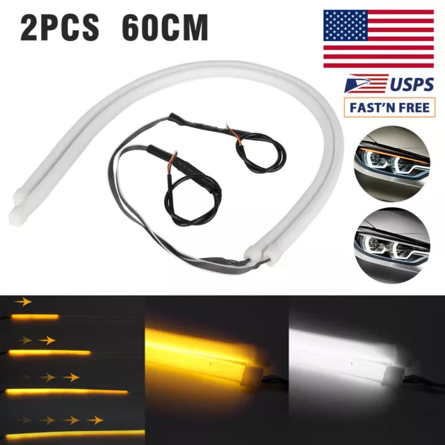 2x 60cm LED Switchback DRL Tube Light Strip Amber Sequential Flow Turn Signal