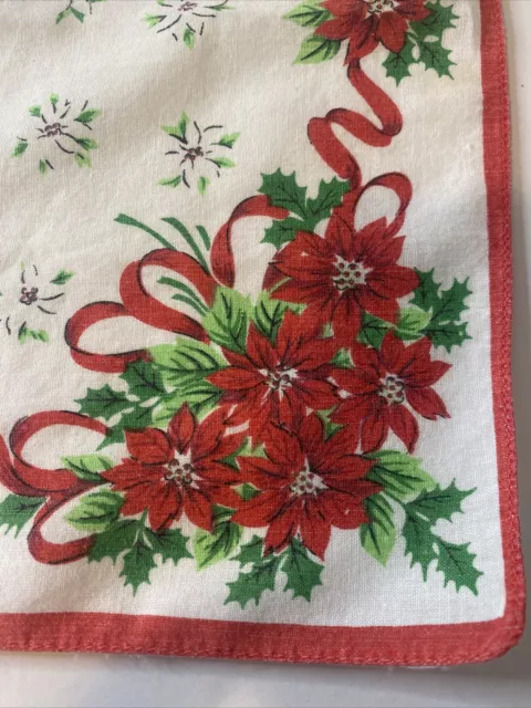 Vtg Red Poinsettia Flower Handkerchief Hanky Pocket Winter Green Holly AO-0798 2