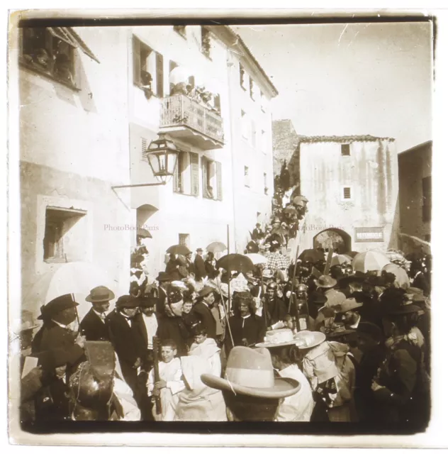 France or Spain Religious Procession c1930 Photo Stereo Glass Plate Vintage