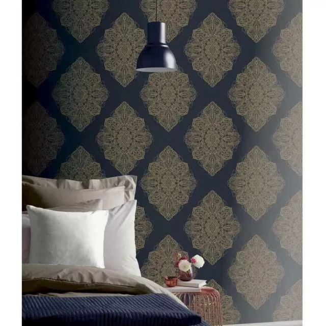 Henna Navy Gold Wallpaper by Arthouse 686000 living room bedroom hallway dining