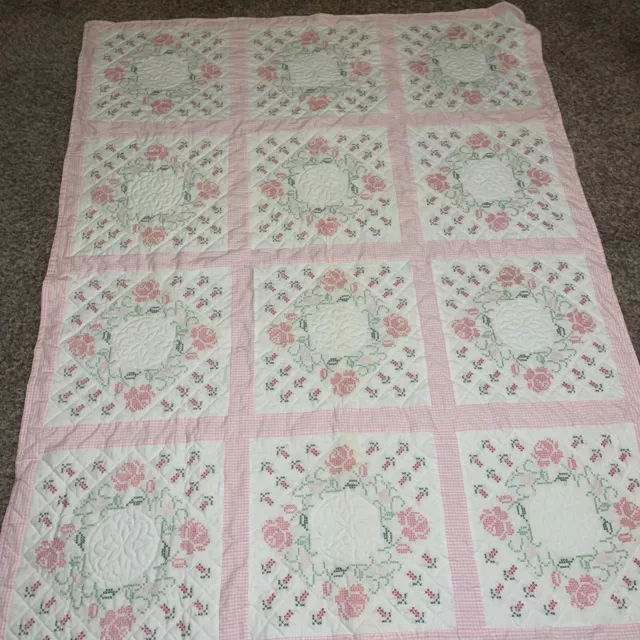 Handmade, Hand-Quilted Quilt ~Beautiful Pink, White With Flowers