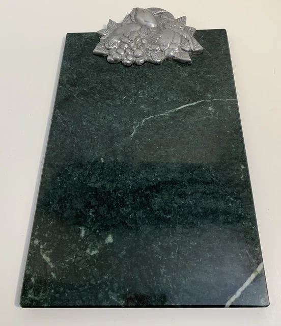 Vintage Green Marble Cheese Serving Board Pewter Fruit End Handle 13" x 8"-Heavy