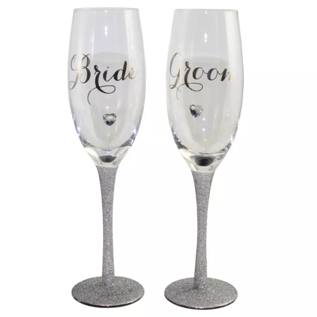 Juego De 2 Wedding Day Champagne Canales Con Purpurina Tallo Novia Y Novio