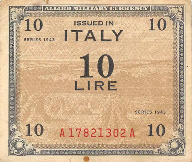 Italy  10  Lire  Series 1943  Block  A  WW II Issue  Circulated Banknote DD3