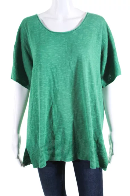 Eileen Fisher Womens Knit Split Hem Round Neck Short Sleeve Top Green Size XL