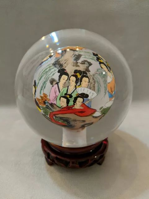 Vintage Chinese Hand Painted Reverse Art Glass Globe  4.5" ft. Ladies in Garden