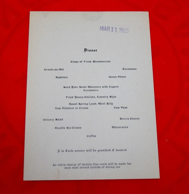 March 11, 1925 - Unmarked Rail Road Dining Car Menu