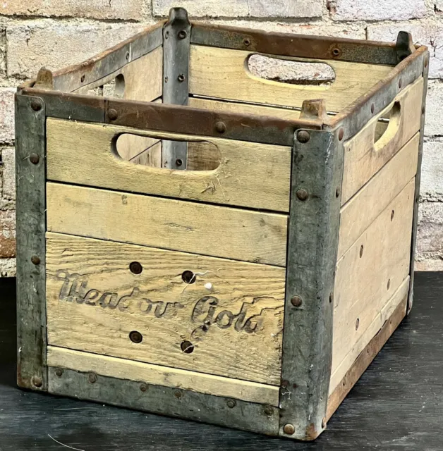 Vintage Meadow Gold Dairy Box Wood & Metal Crate Milk Bottle Case Advertising