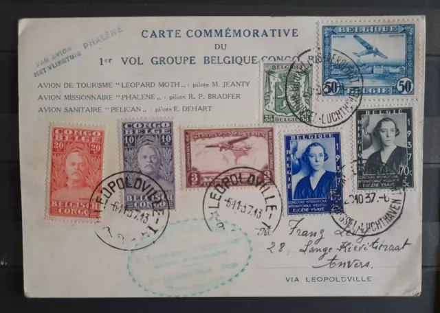 Congo Belge Carte 1937 Cachet Phalène Avion Missionaire LéopoldvilleCard Cover