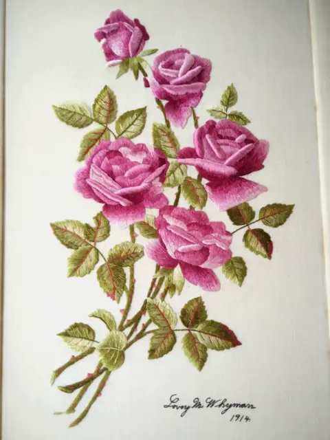 Exquisite Pink Roses Antique Society Silk Hand Embroidered 1914 Picture/panel