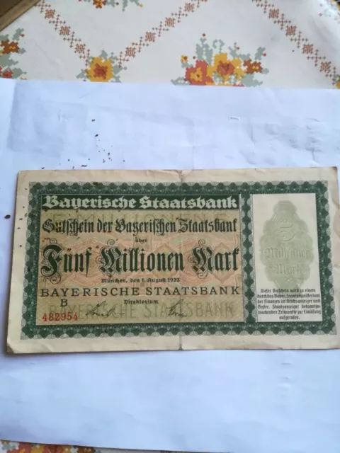 Gutschein der Bayerischen Staatsbank, Fünf Millionen Mark, 1 August 1923