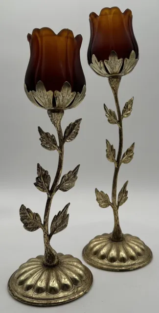 Vintage Pair Gold Gilt Floral Votive Candle Holder Hollywood Regency Amber Glass 3
