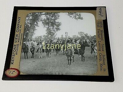 Glass Magic Lantern Slide MHP TRIBE LEAVES CAMP IN FULL FEATHER HORSES DECORATIO