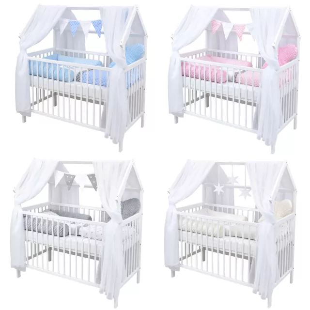 Komplettbett Babybett Hausbett 120x60 cm weiß Kinderbett Bettwäsche Set