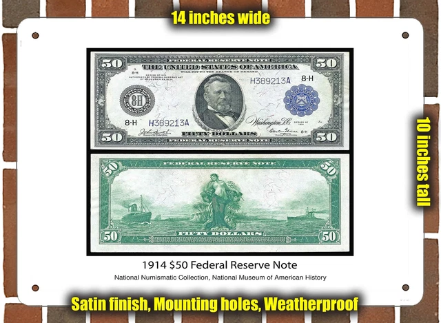 Metal Sign - 1914 $50 Federal Reserve Note- 10x14 inches