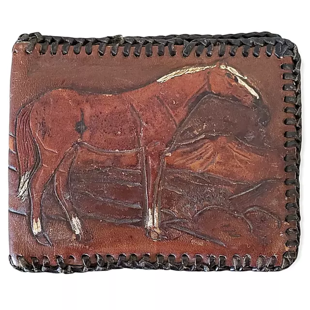Vintage Tooled WALLET Leather Hand Made Cowboy Style Horse Rustic Home Picture