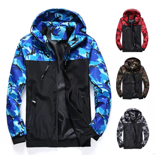 Men Spring Camo Windproof Zipper Hooded Coat Jacket Fashion Outwear Plus Size