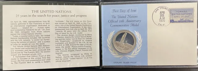 Franklin Mint United Nations 25th Anniversary Medal Sterling Silver & Event cov