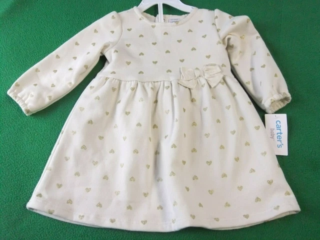 NWT Carters 18M 2pc Knit Ivory w/Gold Hearts Dress Matching Panties Long Sleeve
