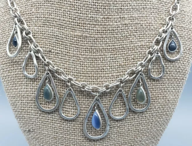 Liz Claiborne Silver Tone Chain Link Blue Teardrop Beaded Pendant Necklace 18” 2