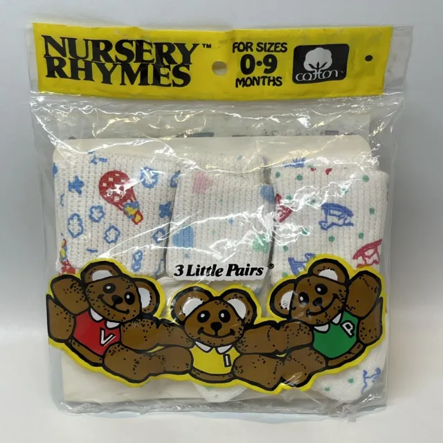 Vtg Toddler Baby Socks Nursery Rhymes Fold Over Hearts Balloons 0-9 Mths NOS