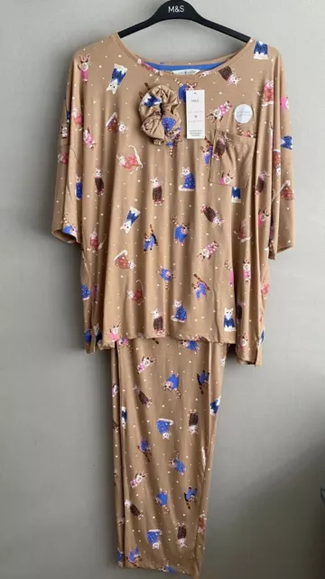 Ladies M&S Size 22 Beige Mix Cats Soft Cotton Rich Stretch Pyjamas & Scrunchie