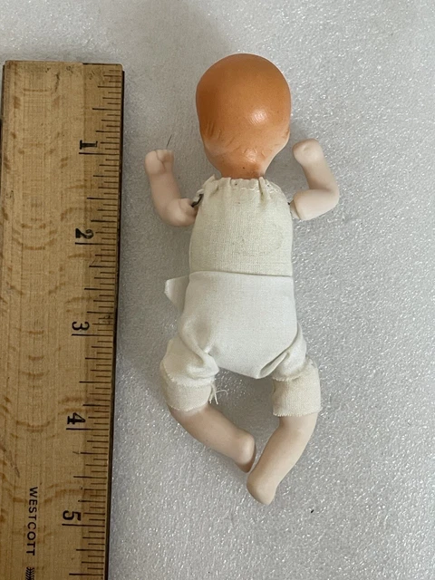 Baby Doll Bisque Porcelain Cloth Body Handmade Dress Hat Wicker Carriage Vintage 8