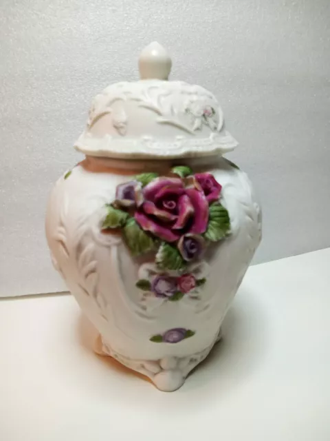 Antique Porcelain TEMPLE JAR Raised Floral Design - Off White w/ Purple Flowers