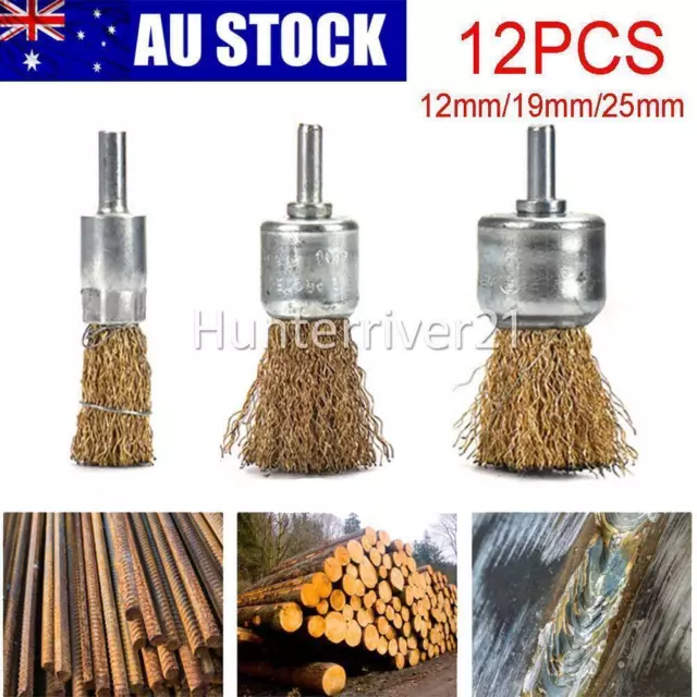 12X Steel Wire Brush Wheel Flat End Brushes 6MM Shank Rotary Grinder Drill Tool