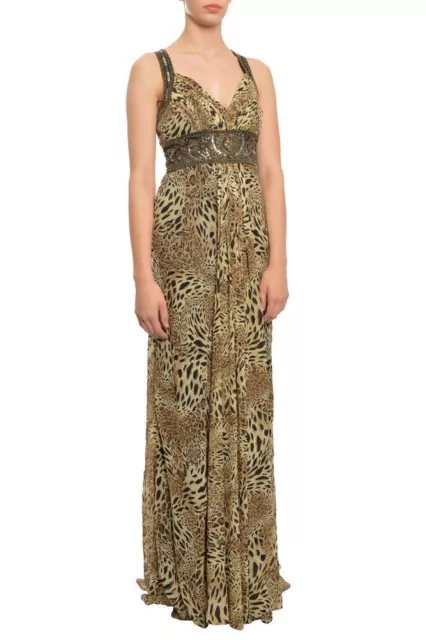$420 Sue Wong Women'S Brown Animal-Print Ruched V-Neck Silk Gown Dress Size 2