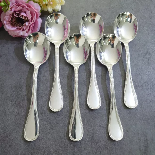 Christofle Perles 6pcs Silverplate Flatware Consomme Cream Soup Spoon Excellent