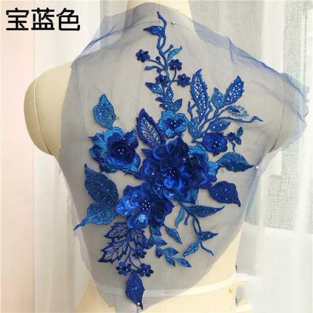 3D Flowers Lace Embroidery Applique Pearl Beaded Tulle Wedding Bridal Dress DIY