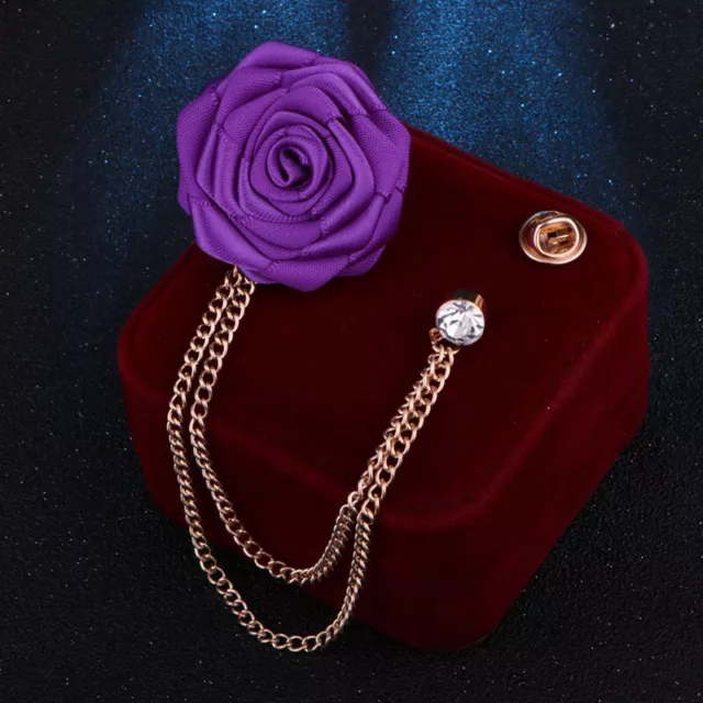 Mens Bridegroom Wedding Brooches Cloth Rose Flower Lapel Pin Badge Tassel Chain