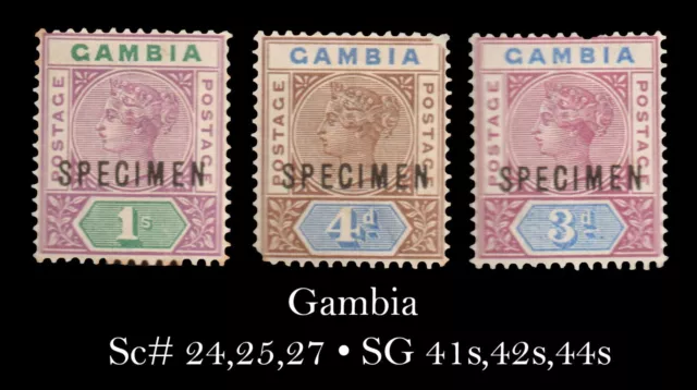 Gambia 1898 SG 41s,42s,44s / SC 24, 25, 27 SPECIMEN Ovpts MINT MH CV£170 / $216