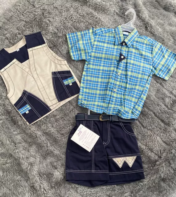 RRP££59  Pretty Originals Boy 4yrs Navy Cotton Summer Set 3 Piece Outfit