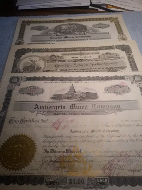 3 Different Idaho Mining Stock Certificates