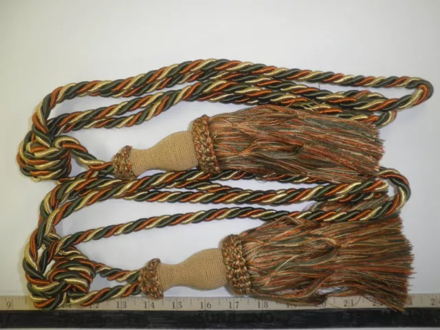 2  DRAPERY TIE-BACKS  with  8" Tassel  RUST-BROWN/GOLD/GREEN   Fabric  Trim  R