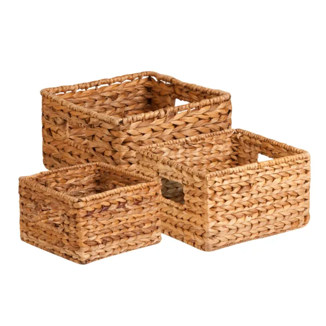 Three Water Hyacinth Woven Nesting Storage Baskets with Handles, 12" x 12" x 7"