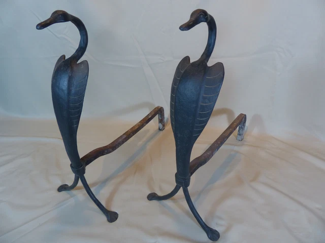 Rare Antique Hand Forged Arts and Crafts Wrought Iron Swan Andirons Yellin Style