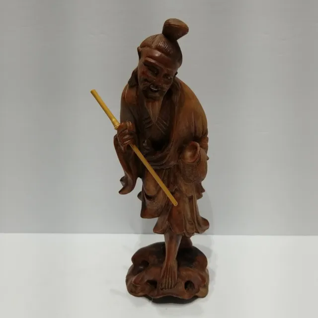 Fisherman Rosewood Statue China Fishing Pole Beautifully Hand Carved NM Vintage